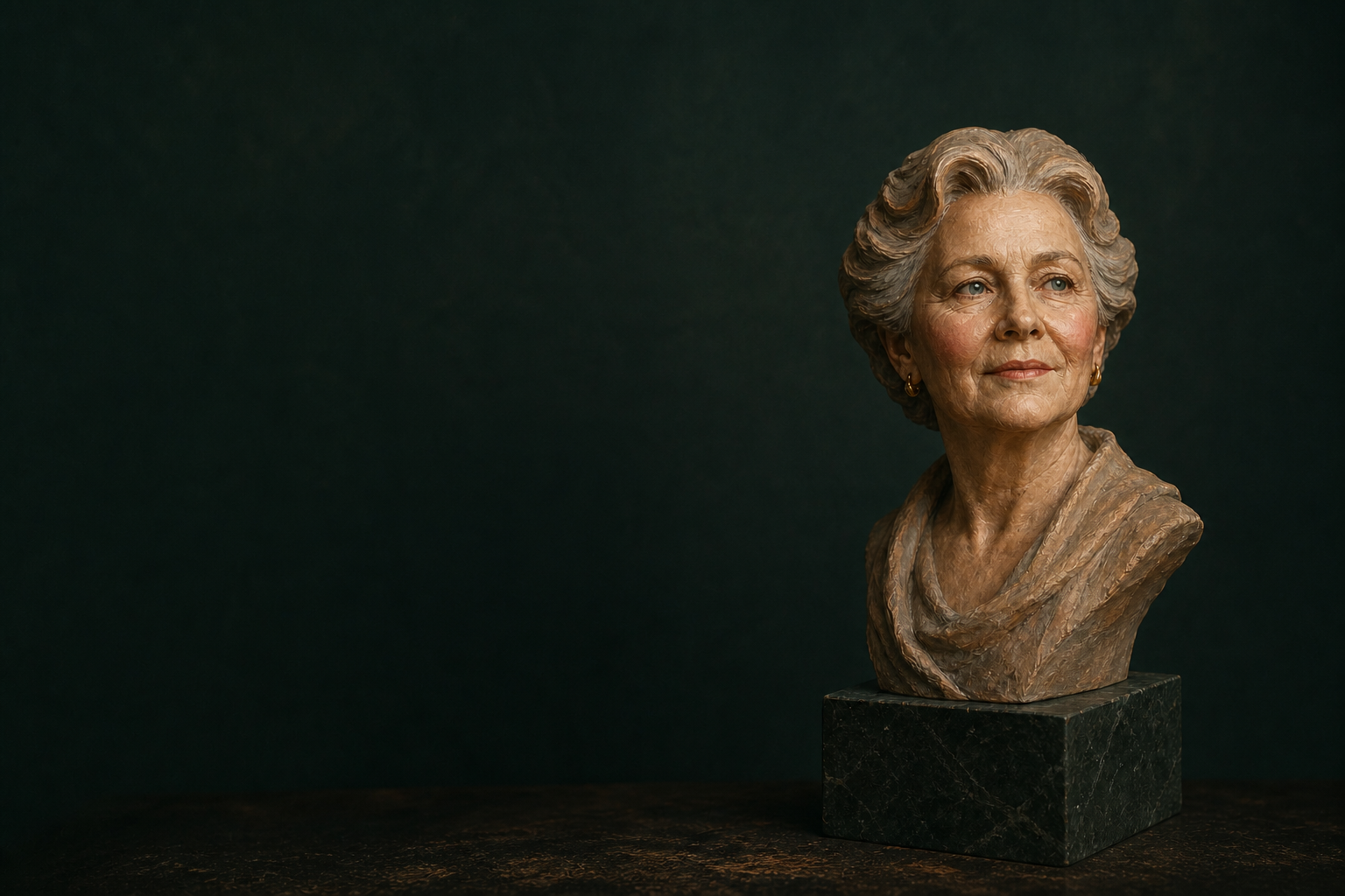 A hand-painted portrait sculpture displayed in a quiet studio setting